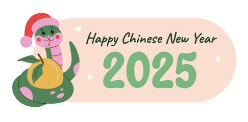 Flat-style illustration of a cute snake in a Santa hat with an orange, celebrating Chinese New Year 2025. Perfect for holiday greetings, festive decorations, and new year designs.