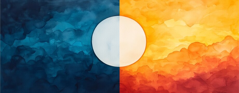 A vibrant watercolor artwork contrasting cool blue tones with warm orange hues, featuring a central white circle that symbolizes unity or transition.
