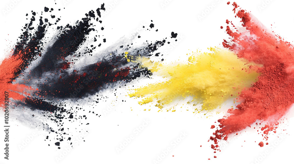 Poster dynamic explosion of colored powders in red black and yellow creating an artistic effect
