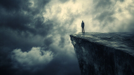 Man standing on a cliff edge with dramatic cloudy sky