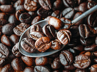 Roasted coffee bean on a stainless steel spoon, Close-up of fresh roasted coffee bean, Wallpapers of  roasted coffee bean, macro, Top view