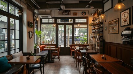 A charming cafe with a warm and inviting decor, displaying a beautifully crafted cup of coffee surrounded by cozy furnishings, creating a perfect ambiance for customers 