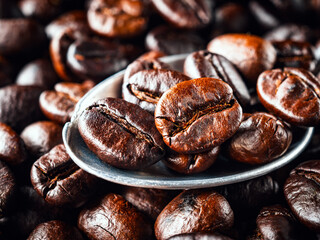 Roasted coffee bean on a stainless steel spoon, Close-up of fresh roasted coffee bean, Wallpapers of  roasted coffee bean, macro