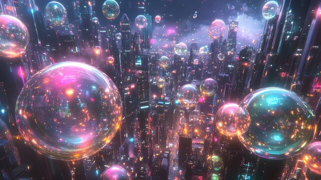 A striking depiction of a futuristic city filled with floating, multicolored orbs, set against a backdrop of innovative buildings and glowing lights, embodying the spirit of imaginative possibilities 