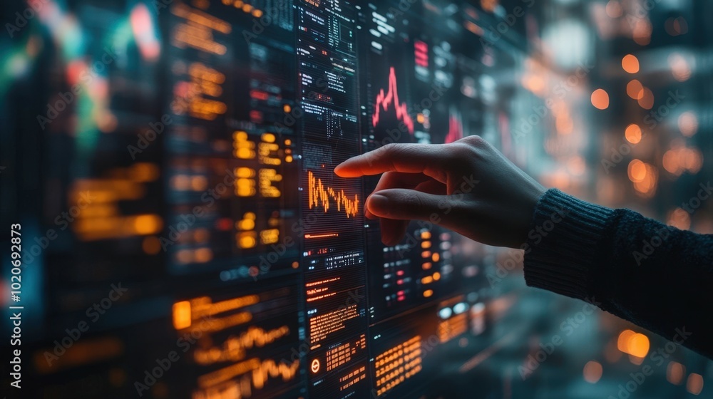 Poster analyzing stock market data on digital display