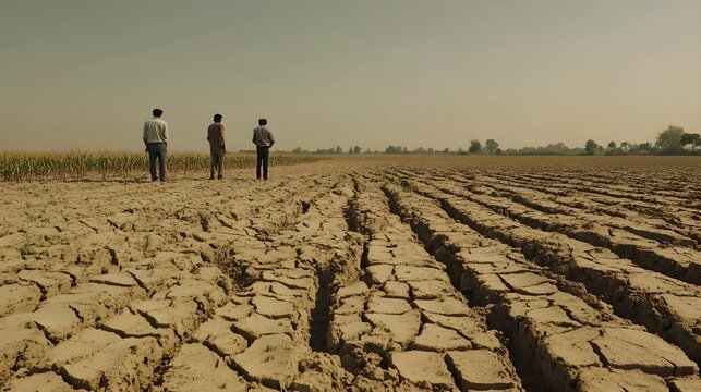 An impactful photograph of farmers in a parched agricultural landscape, reflecting on the devastating effects of climate change as they observe the struggling crops and dry terrain 