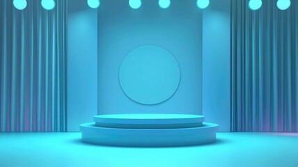 Two-Tiered Circular Platform in Blue Room with Curtains and Spotlights