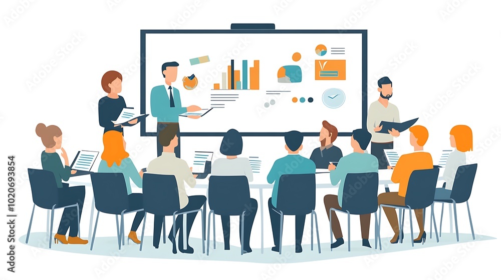 Aufkleber business presentation with data visualization and team members