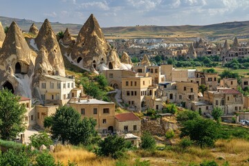 Picturesque Cappadocian landscape with cave dwellings