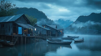 Fototapeta premium Misty Morning Scene with Wooden Houses and Boats on a Calm River