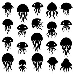 Sets of jellyfish full black silhouette Vector Illustration SVG or Transparent PNG