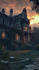 A captivating view of an overgrown mansion at sunset, highlighting nature's reclaiming of architecture and beauty in decay.