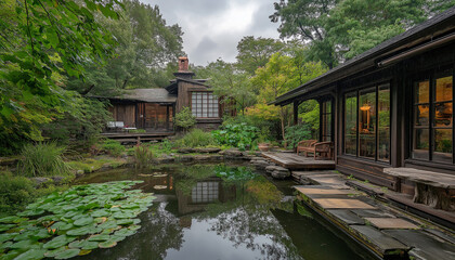 Fototapeta premium AI generator images of wooden house in the middle of a natural garden, Residential house for family. Traditional style home with beautiful landscaping.
