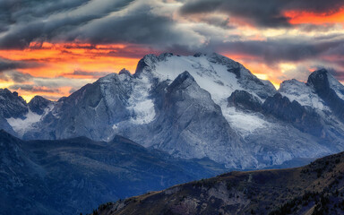 View from Passo Giau to Marmolada after sunset