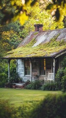 A charming, rustic house covered in moss, set amidst lush greenery, embodying tranquility and the beauty of nature.