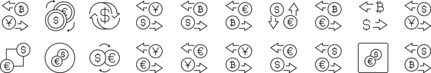 Currency Exchange Outline Picture Collection. Editable Stroke. Perfect for Infographics, Articles, Books, Flyers, Banners