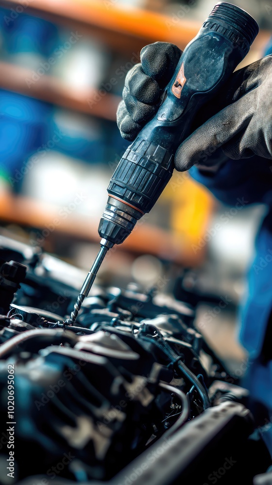 Poster a close-up of a hand using a power drill on a vehicle engine, showcasing precision and craftsmanship