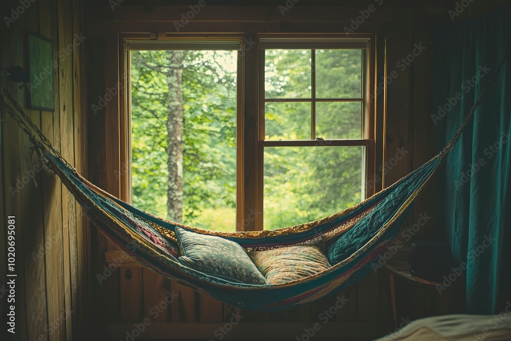 Poster Hammock Hanging in a Cabin Window with a View of the Forest