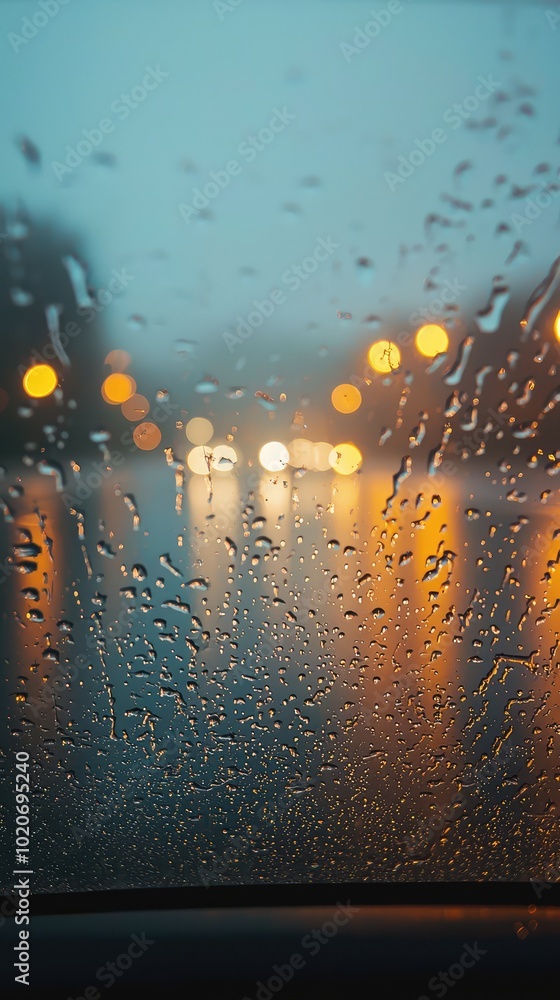 Aufkleber a close-up of raindrops on a window, creating a serene atmosphere with blurry lights in the backgrou