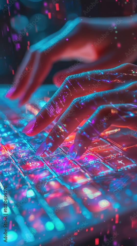 Poster a close-up of hands typing on a colorful keyboard, illuminated with vibrant lights and digital effec