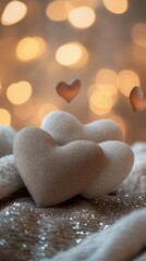 Obraz premium Two heart-shaped cushions resting on a shiny glitter surface with soft romantic light and floating heart bokeh in the background, warm color tones