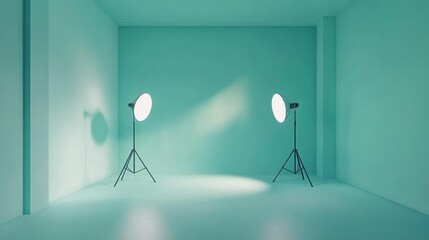 Two studio lights with softboxes are set up in a room with a green backdrop.