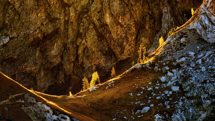 View from Passo Giau to the Golden Path after sunrise