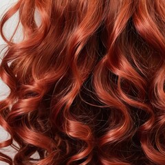 Naklejka premium Close-up showcases radiant bright red hair with defined curls, capturing glossy texture and natural shine under soft lighting. Intricate details of each curl enhance the overall beauty. Generative AI