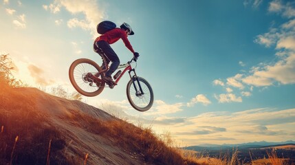 Obraz premium Mountain Biker Soaring Over the Horizon