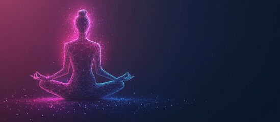 young women seats in lotos position and meditates. Low poly wireframe digital yoga and meditation