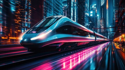 Fototapeta premium Futuristic High-Speed Train in Neon City at Night