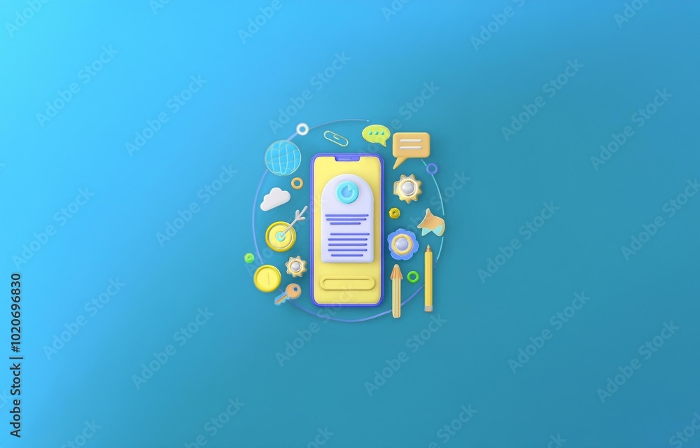 Aufkleber a 3d rendered image of a smartphone surrounded by various colorful icons representing different aspe