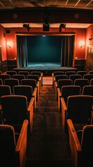 Obraz premium A cozy theater interior with empty seats and a dimly lit stage, perfect for performances and cinematic experiences.
