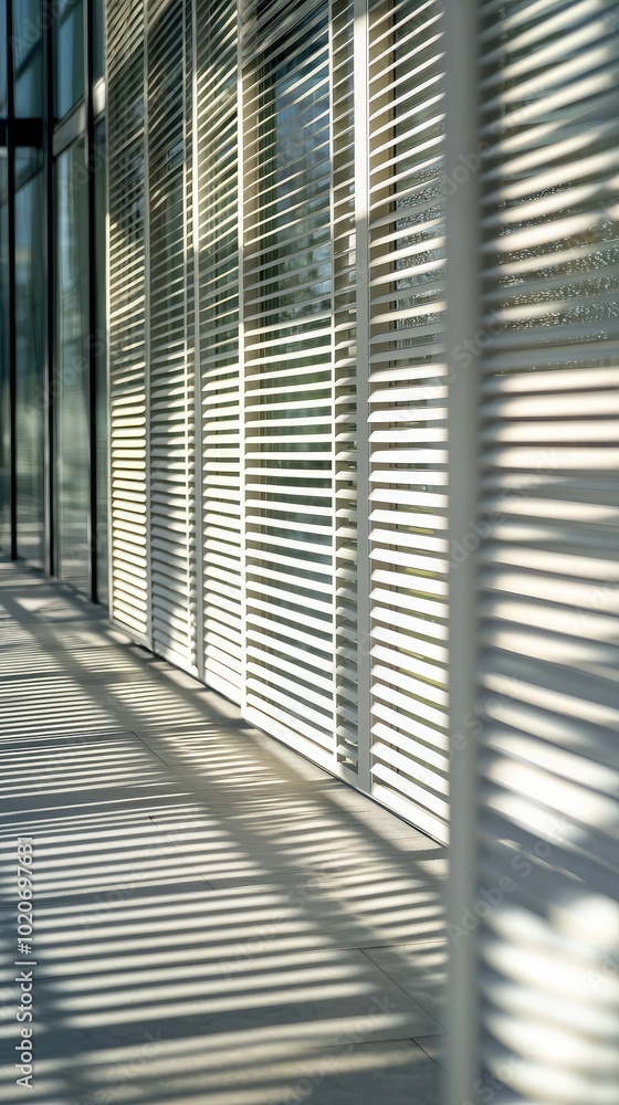 Poster a detailed view of a modern building facade showcasing intriguing shadows and patterns created by su