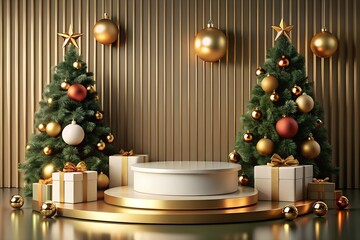 A gold-themed Christmas podium adorned with red and gold ornaments, flanked by two decorated trees and gift boxes. Ideal for holiday product displays, festive scenes, and Christmas designs.