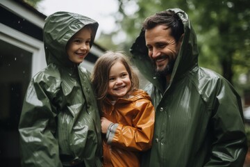 Fototapeta premium Portrait of a family smiling in front of house while raining