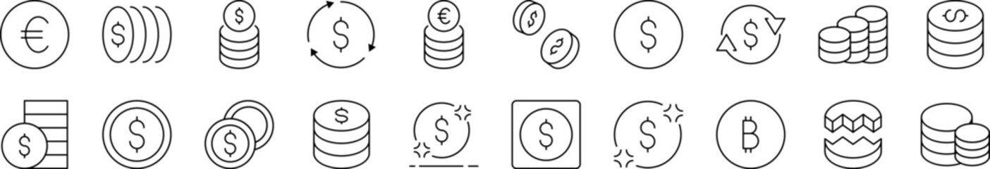 Various Coins Related Line Icon Collection. Editable Stroke. Perfect for Infographics, Articles, Books, Flyers, Banners