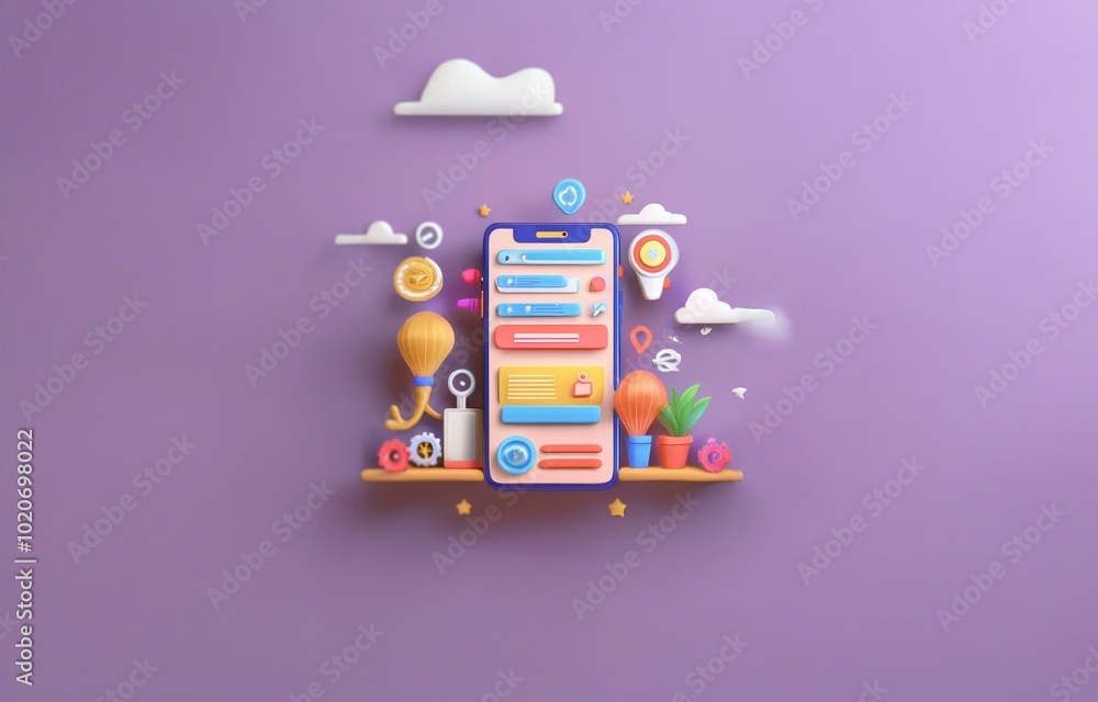 Aufkleber A purple background with a smartphone interface with colorful UI elements floating around it.