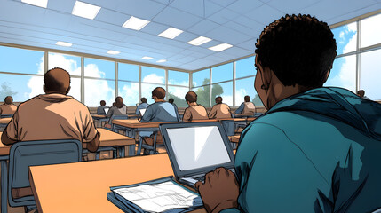 Fototapeta premium An illustrated classroom filled with engaged students and a teacher. Engaging classroom.