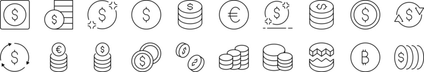Various Coins Outline Icon Collection. Editable Stroke. Perfect for Infographics, Articles, Books, Flyers, Banners
