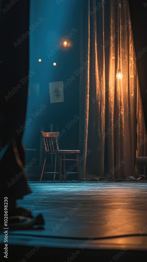 Poster a dramatic stage scene with a chair and curtain, illuminated by soft lights, creating an inviting at