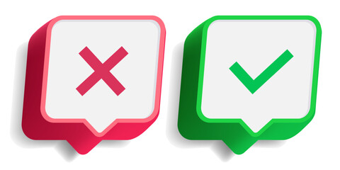 Check mark and cross sign set 3d style. Acceptance, rejection and attention symbol vector 10 eps