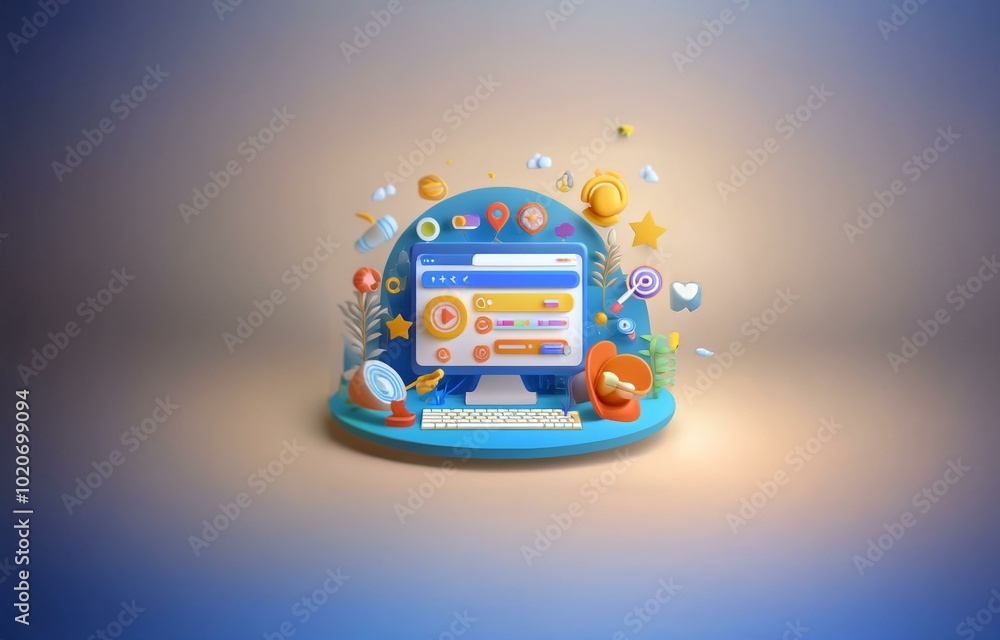 Poster a blue computer monitor, keyboard, and other colorful 3d objects on a blue and orange circular platf
