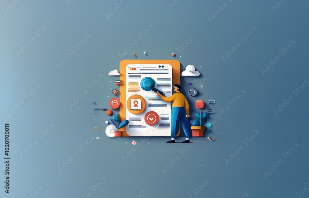 Poster a person uses a magnifying glass to examine a webpage with a profile icon and check mark.