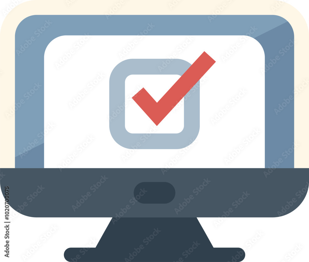 Poster desktop computer showing a checkmark on its screen, representing the successful completion of an onl