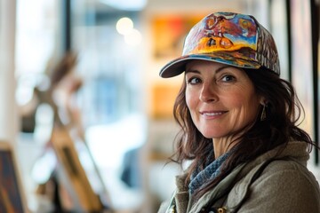 Smiling woman in artistic cap at gallery exhibition