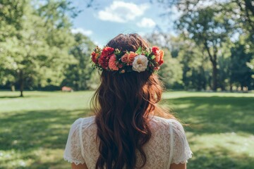 Woman with floral crown enjoying nature in a sunlit park