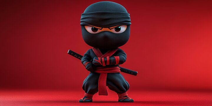 Ninja Character, Sword, Red Background, 3D Rendering