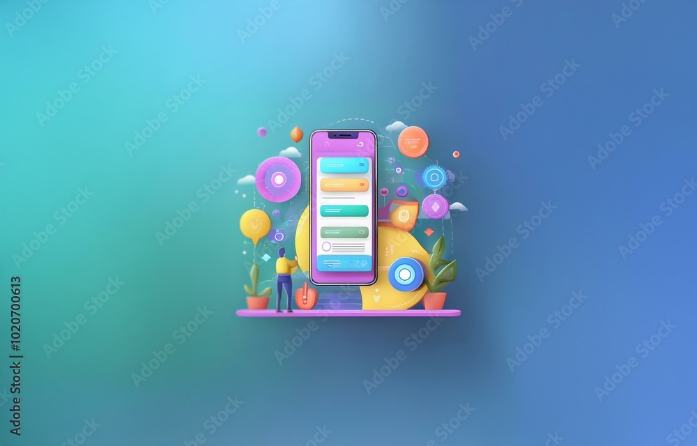 Aufkleber a smartphone stands on a platform with a person next to it. the phone has a colorful interface and i