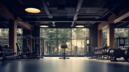 modern gym interior with fitness equipment and natural lighting